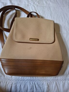 Nine West Beige Canvas Cognac Brown Backpack Purse